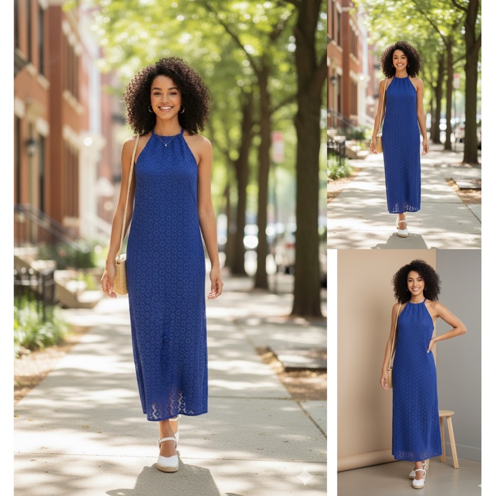 A New Day Blue Crochet‎ Lace Halter Midi Dress | 100% Cotton | Size Small - Picture 3 of 17